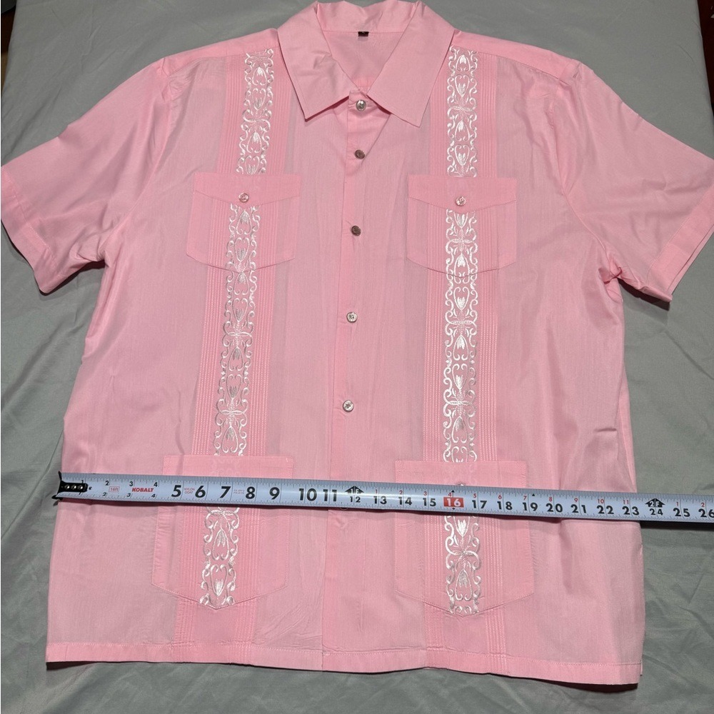 Pink Collared Short Sleeve Shirt.‎ Guayabera with White Embroidery. Snap Buttons - Picture 9 of 15